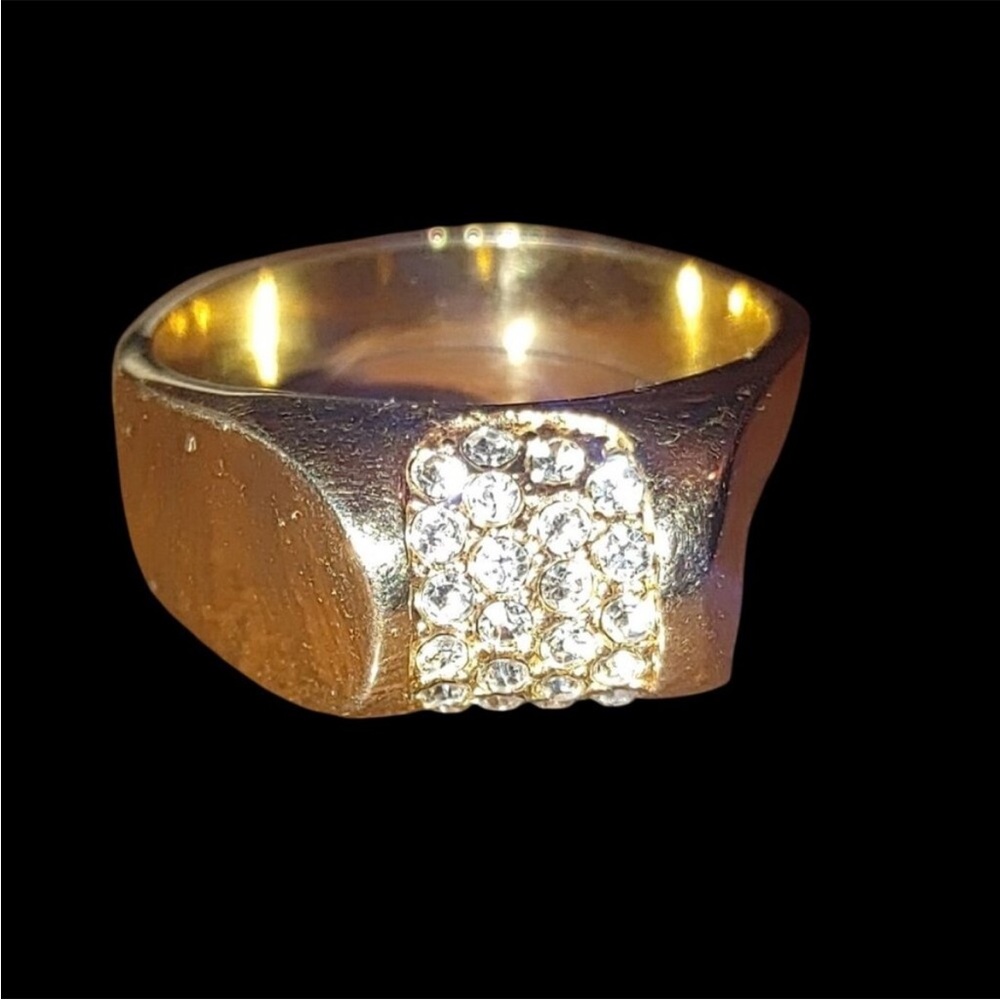 Mens Vintage Gold Tone Ring Band Clustered Clear Stones Size 12 Bold